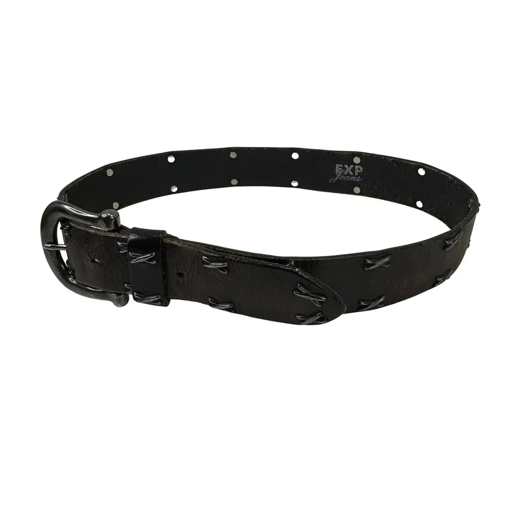 EXP Jeans Leather Belt Studded Whipstitch Brown Y2K Western Grunge Small USA